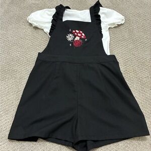 Black  Overalls with Mushroom Design